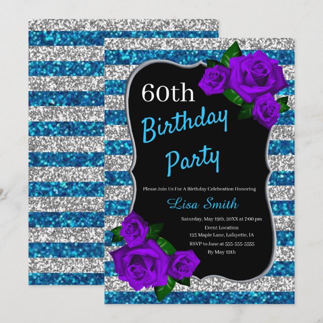Invitation Argent Bleu Parties scintillant  Violet Roses (Devant / Derrière)