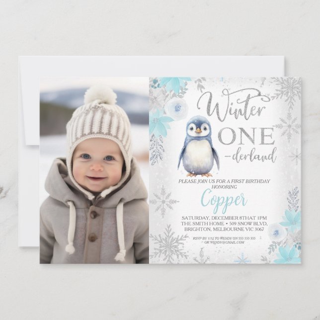 Invitation Argent Bleu Pingouin Hiver Onederland Anniversaire (Devant)
