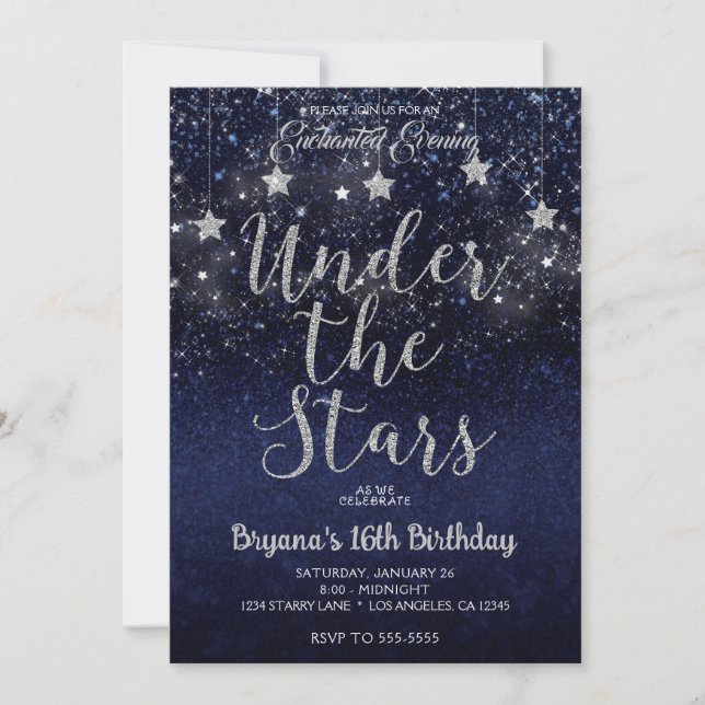 Invitation Argent Bleu Sous Les Étoiles Starry Night Sweet 16 (Devant)