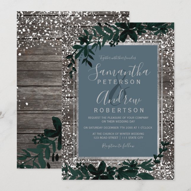 Invitation Argent bleu typographie feuille neige bois mariage (Devant / Derrière)
