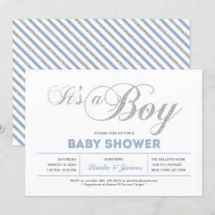 Invitation Argent, bleu Typographie moderne Baby shower gar