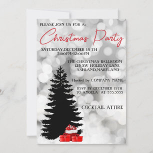 Invitation Argent brillant, Noir Arbre de Noël et cadeaux