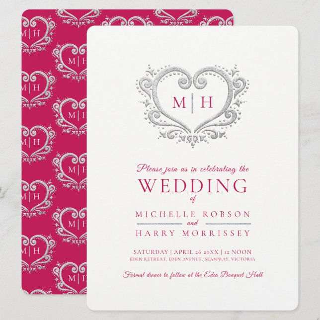Invitation Argent coeur mariage baies rouge et blanc (Devant / Derrière)