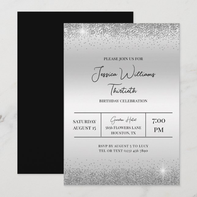 Invitation Argent Confetti & Étincelles Anniversaire (Devant / Derrière)