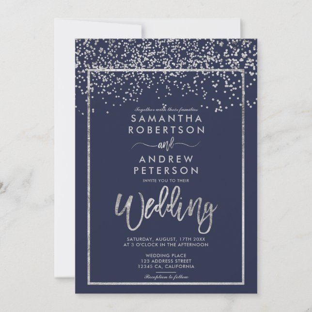 Invitation Argent confetti marine bleu script d'hiver mariage (Devant)