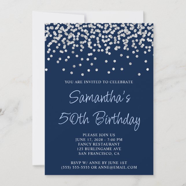 Invitation Argent Confetti Parties scintillant bleu marine 50 (Devant)