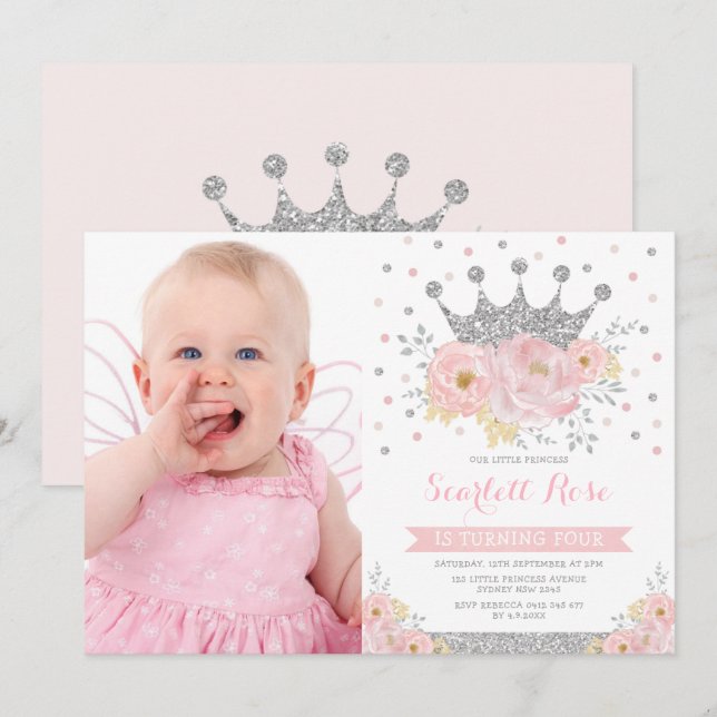 Invitation Argent Couronne Princesse Blush Floral Photo Anniv (Devant / Derrière)