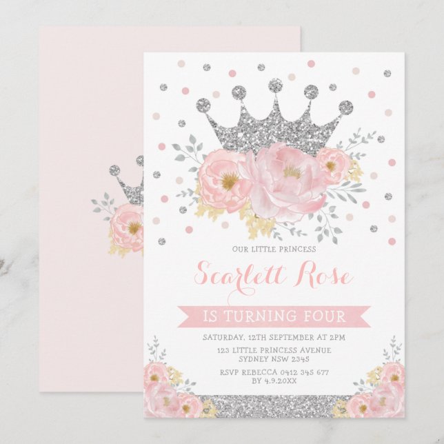 Invitation Argent Couronne princesse Blush rose Floral Annive (Devant / Derrière)