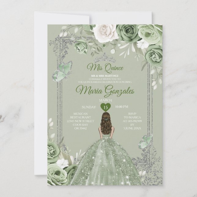 Invitation Argent Couronne Sage Vert Floral Mis Quince 15 Ano (Devant)