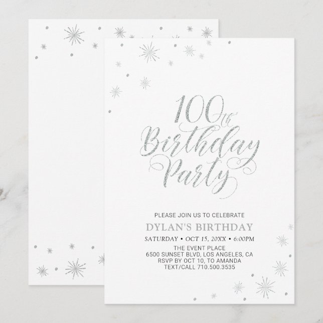 Invitation Argent et blanc | Fête d'anniversaire de la 100e p (Devant / Derrière)