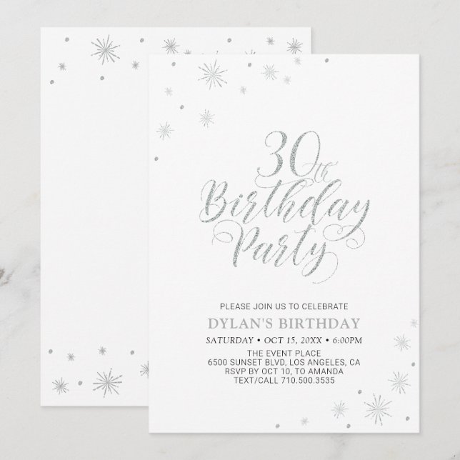 Invitation Argent et blanc | Modern Chic 30th Birthday Party (Devant / Derrière)