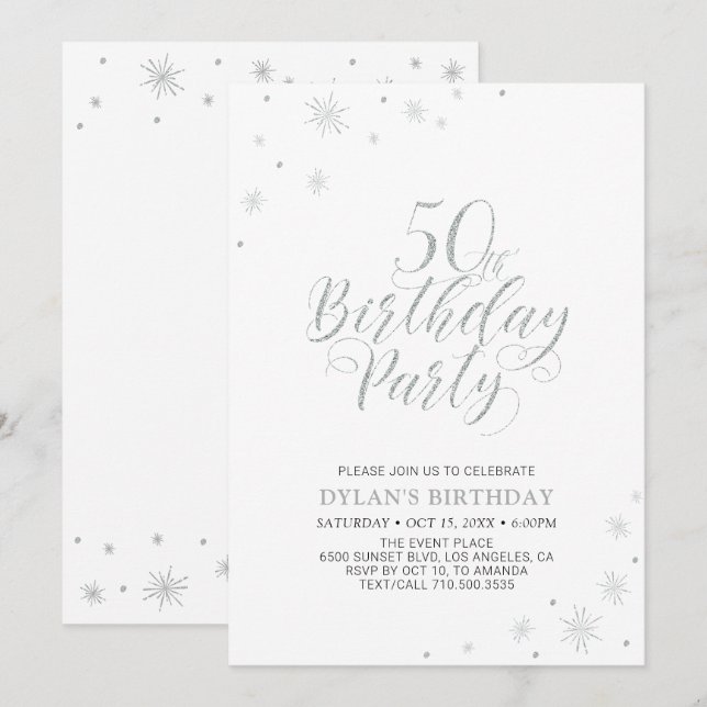 Invitation Argent et blanc | Modern Chic 50th Birthday Party (Devant / Derrière)