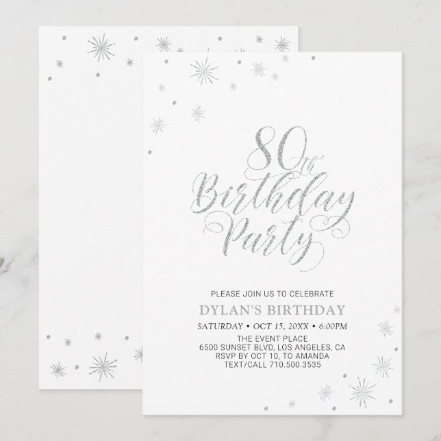 Invitation Argent et blanc | Modern Chic fête d'anniversaire  (Devant / Derrière)