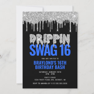 Invitation Argent et Bleu Déchets Swag 16 Anniversaire