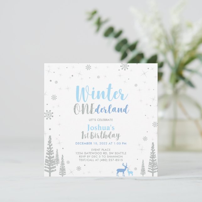 Invitation Argent et bleu Hiver Onederland 1er Anniversaire (Debout devant)
