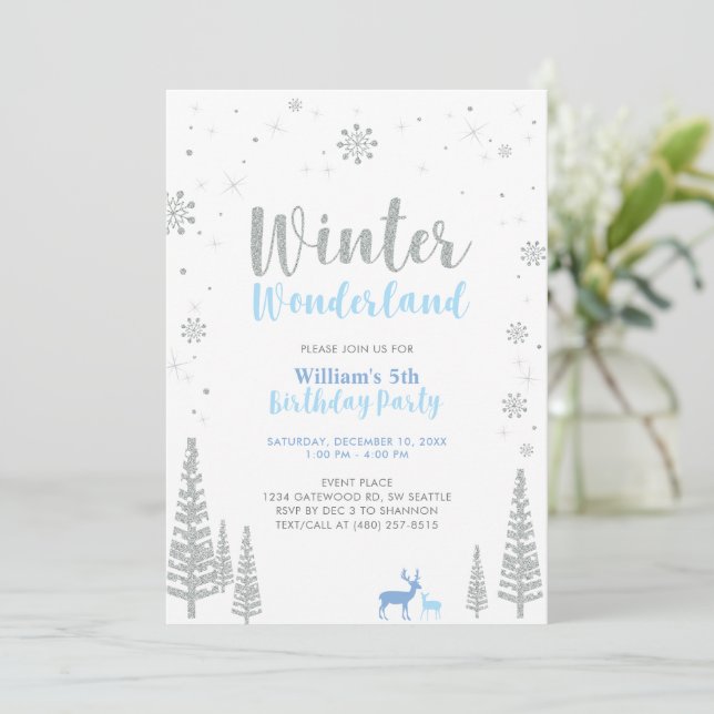 Invitation Argent et bleu hiver Wonderland Boy Anniversaire (Debout devant)