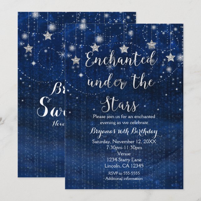 Invitation Argent et Bleu sous les Étoiles Enchant (Devant / Derrière)