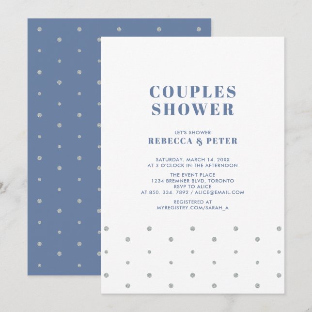 Invitation Argent et bleu | Wedding shower moderne Couples (Devant / Derrière)