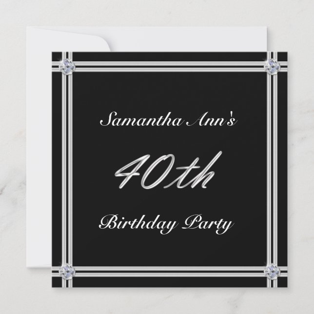 Invitation Argent et diamant sur noir, 40e anniversaire (Devant)