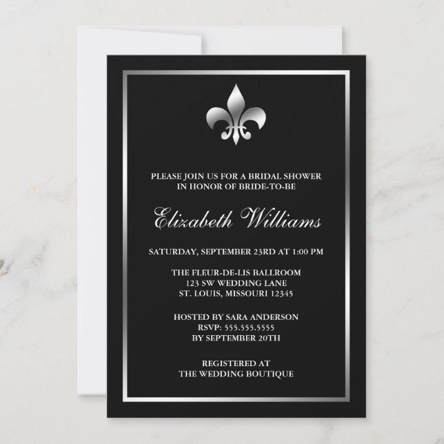 Invitation Argent et Fête de la mariée de Black Fleur de Lis (Devant)