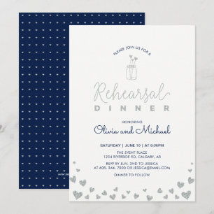 Invitation Argent et marine   Dîner de répétition des coeurs 