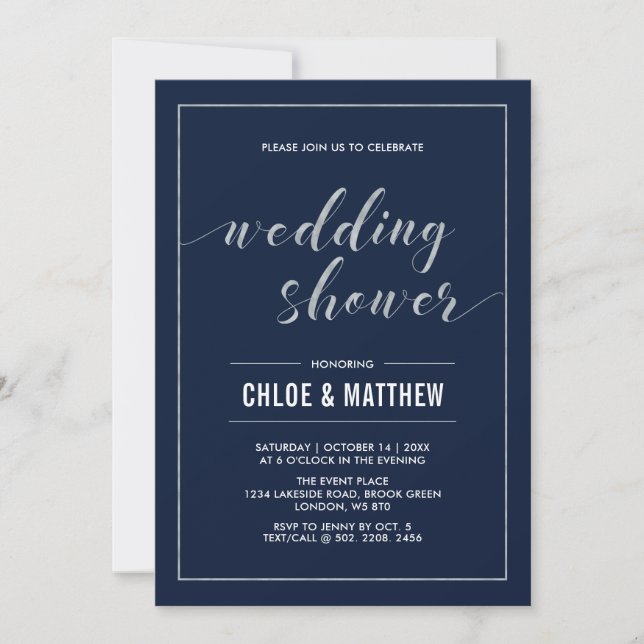 Invitation Argent et marine | Wedding shower moderne simple (Devant)