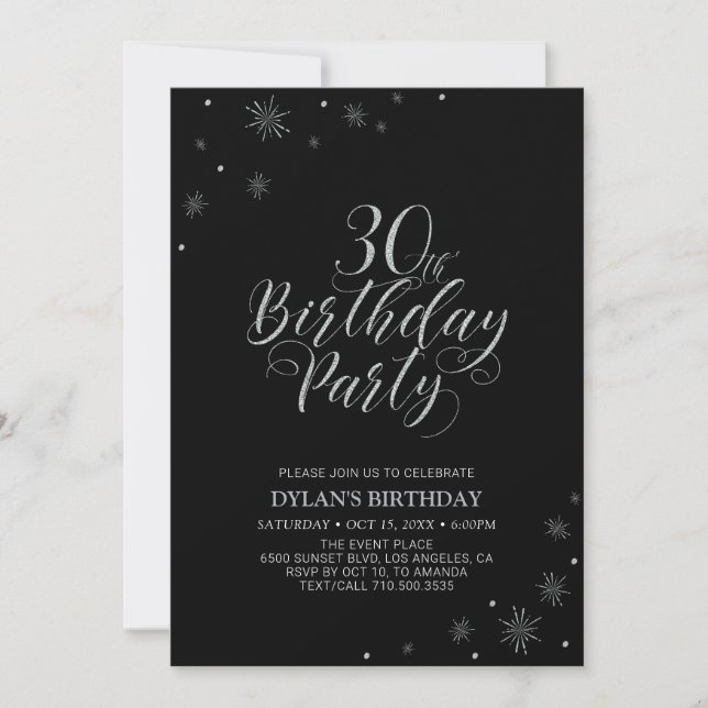 Invitation Argent et noir | Modern Chic 30th Birthday Party (Devant)
