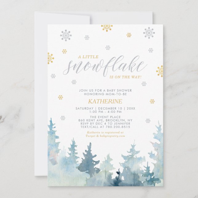 Invitation Argent et or, Baby shower d'hiver de Little Snowfl (Devant)