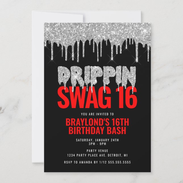 Invitation Argent et Red Drippin Swag 16 Anniversaire (Devant)