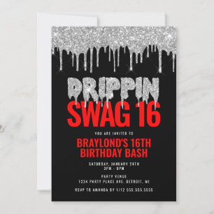 Invitation Argent et Red Drippin Swag 16 Anniversaire