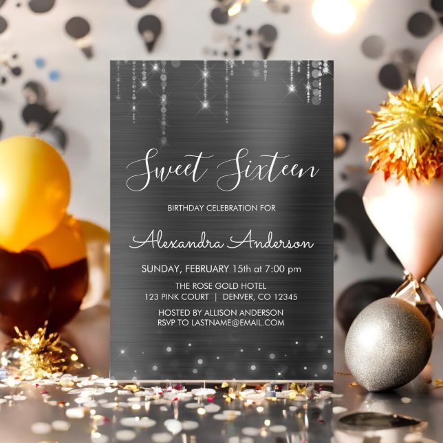 Invitation Argent et Sweet sixteen noir Anniversaire (Créateur téléchargé)