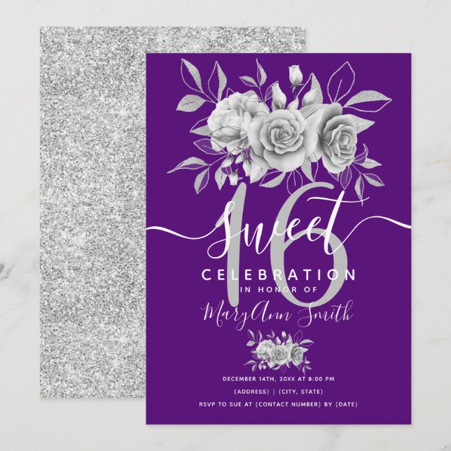 Invitation Argent Fab Parties scintillant florale 16e anniver (Devant / Derrière)