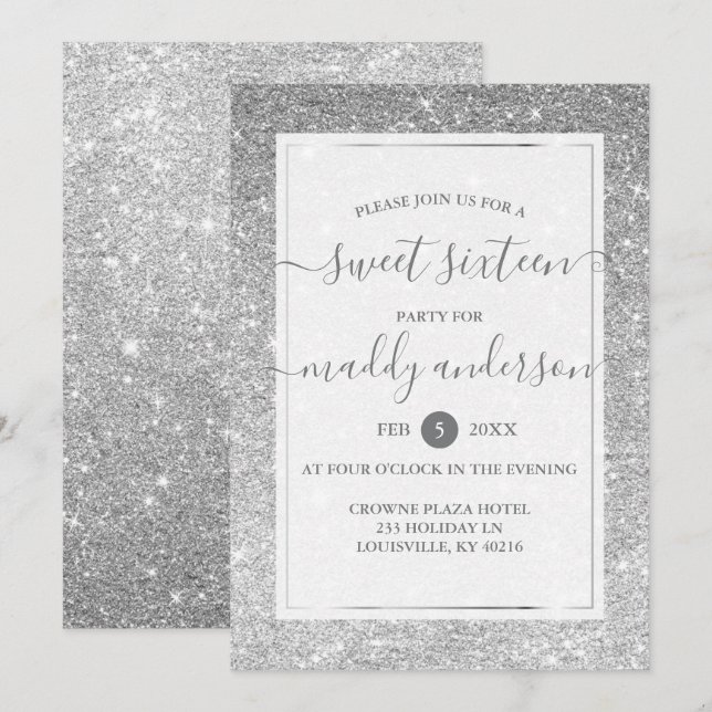 Invitation Argent Faux Parties scintillant Élégante douce 16  (Devant / Derrière)