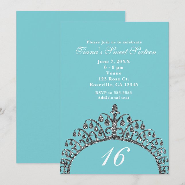 Invitation Argent Faux Parties scintillant Tiara Crown Sweet  (Devant / Derrière)