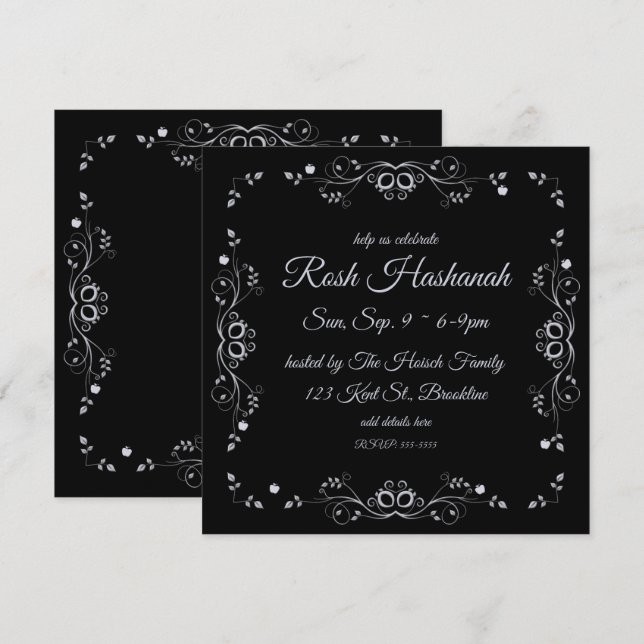 Invitation Argent fleuri avec pommes Rosh Hashanah (Devant / Derrière)