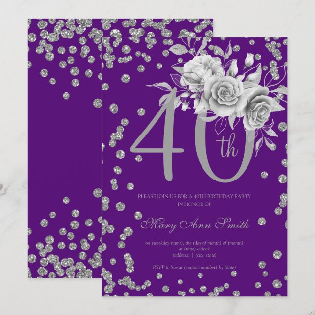 Invitation Argent Floral & Confetti 40e Anniversaire Violet (Devant / Derrière)