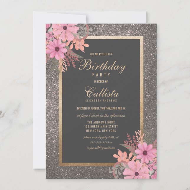Invitation Argent Floral Feuille Aquarelle Parties scintillan (Devant)