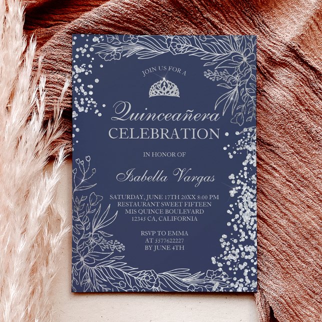 Invitation Argent floral marine bleu photo Tiara Quinceañera (Silver floral navy blue photo Tiara Quinceañera Invitation)