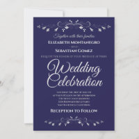 Argent Flourish Marine Bleu Simple Mariage élégant