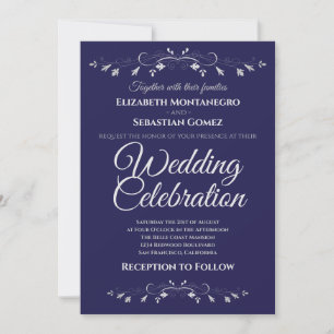 Invitation Argent Flourish sur la marine Simple mariage éléga