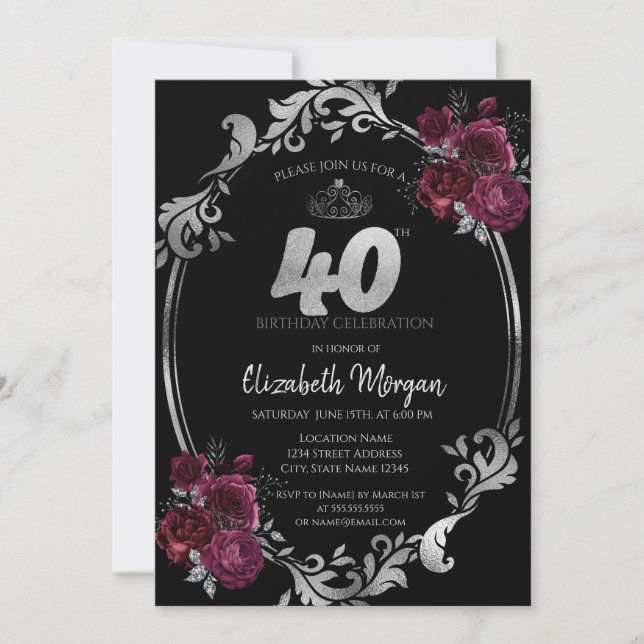 Invitation Argent Frame Bourgogne Rose Noir 40e anniversaire (Devant)