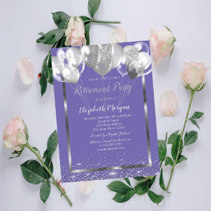 Invitation Argent Frame Confetti Ballons Violet Retraite