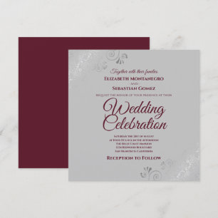 Invitation Argent Frills Grey Burguny Élégant Mariage Carré