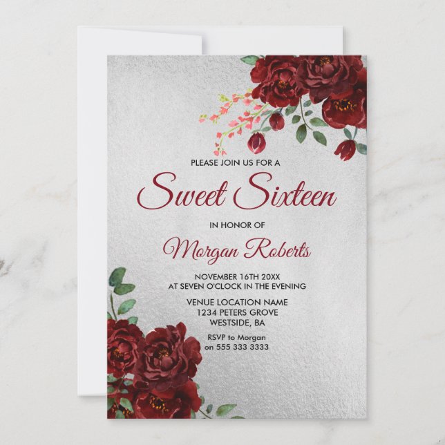 Invitation Argent Go Bourgogne Rouge Rose Floral Sweet 16 Inv (Devant)