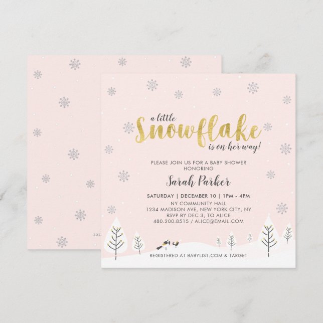 Invitation Argent & Gold Winter Wonderland Baby shower fille (Devant / Derrière)