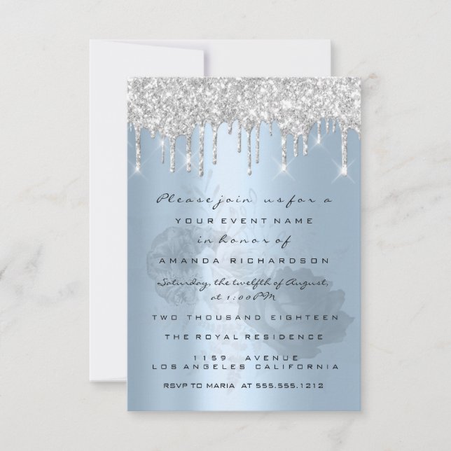 Invitation Argent Gouttes de roses Bleu fumé Mariage Douzième (Devant)