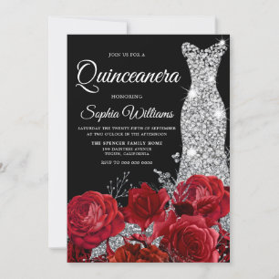 Invitation Argent Gown Red Roses Black Quinceanera Party