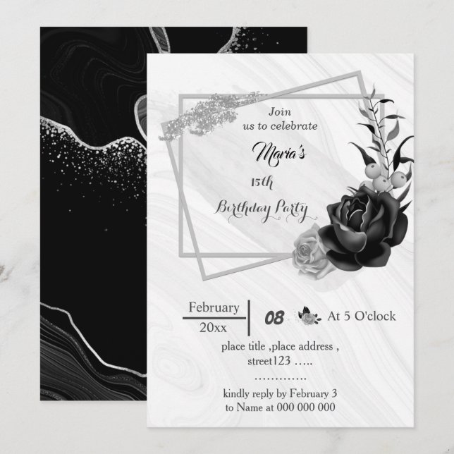 Invitation argent gris et fleurs noires anniversaire géométri (Devant / Derrière)
