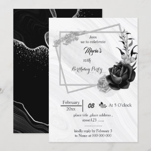Invitation argent gris et fleurs noires anniversaire géométri