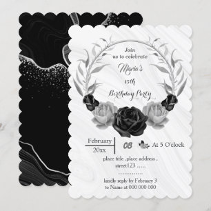 Invitation argent gris et fleurs noires couronne anniversaire